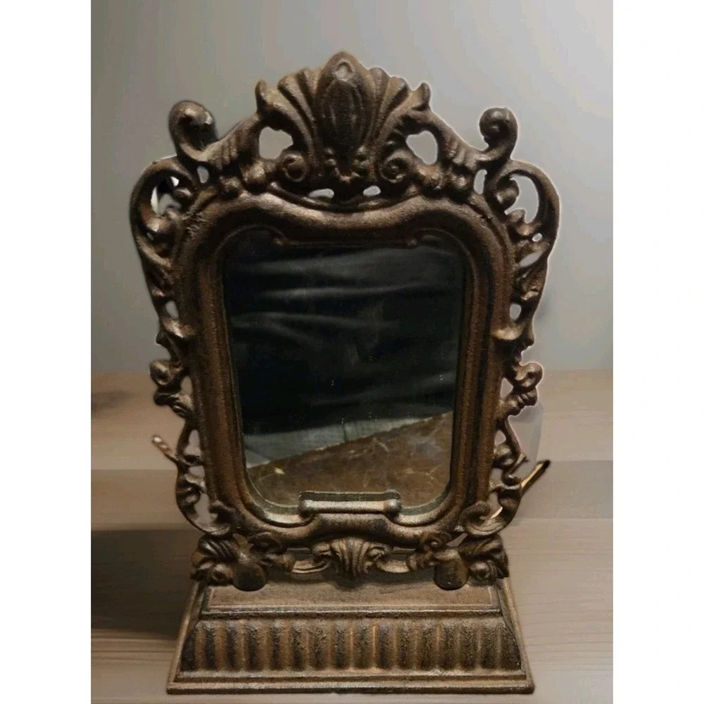 Vintage Heavy Gold Brass Ornate Tabletop Mirror Victorian Vanity Frame 4.5 x 6